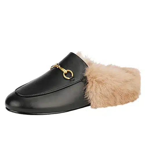 Fur Mules for Women Leather Low Heel Loafers Pointed Toe Rabbit Furny Mule Flats Backless Slides