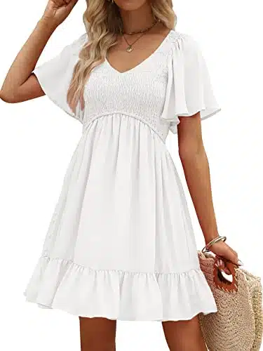 LILLUSORY White Graduation Dress Summer Dress hite Mini Dress Flowy Dress Casual Dress Smocked V Neck Flutter Sleeve Dress Modest Beach Dresses