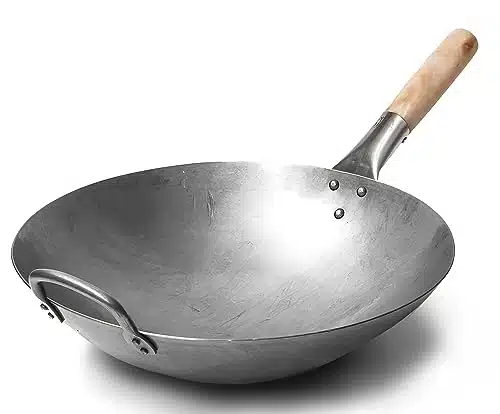 Craft Wok Traditional Hand Hammered Carbon Steel Pow Wok with Wooden and Steel Helper Handle (Inch, Round Bottom)