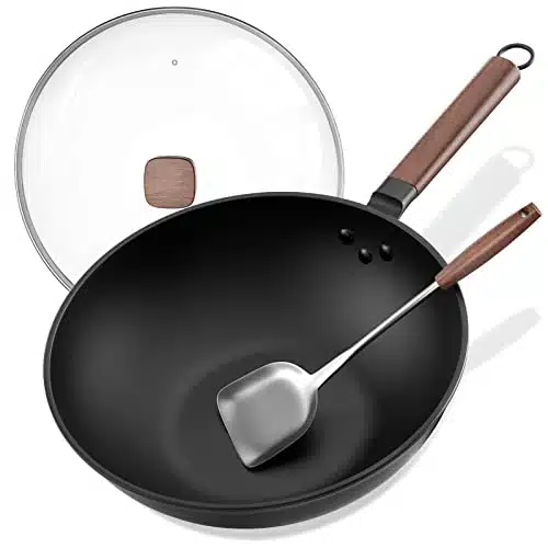 Eleulife Carbon Steel Wok, Inch Wok Pan with Lid and Spatula, Nonstick Woks and Stir fry Pans, No Chemical Coated Flat Bottom Chinese Wok for Induction, Electric, Gas, All Stoves