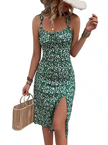 WDIRARA Women's Floral Print Tie Shoulder Split Thigh Sleeveless Boho Cami Dress Green L