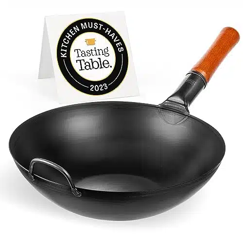 YOSUKATA Carbon Steel Wok Pan â ,â Stir Fry Pans   Chinese Wok with Flat Bottom Pow Wok   Traditional Japanese Woks   Black Carbon Steel