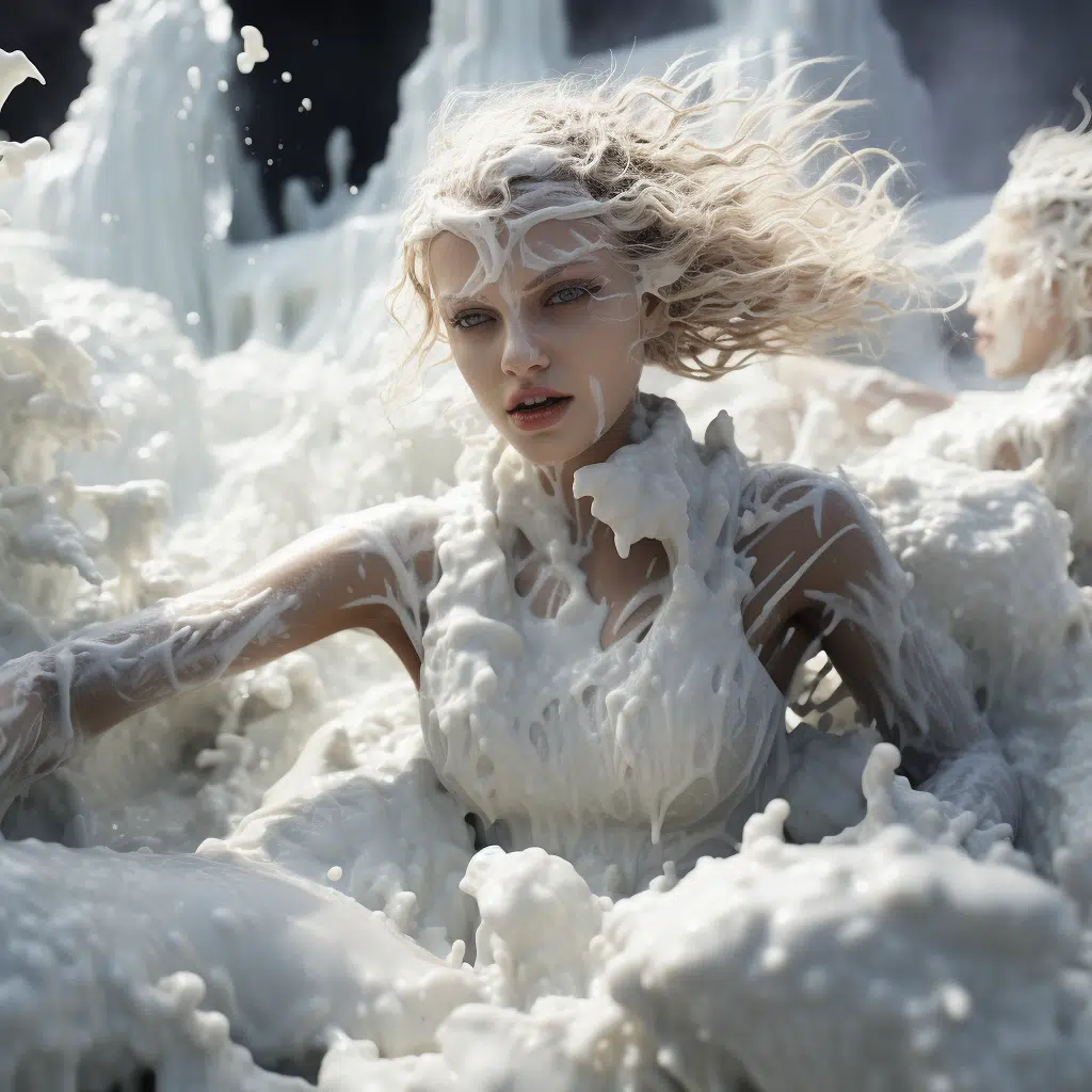 female models playing in foam