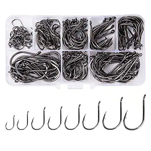 FCFKpcsbox Large Size Premium Fishhooks, Sizes Strong Custom Offset Sport Black High Carbon Steel Barbs Fishing Hooks