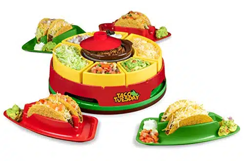 Nostalgia Taco Tuesday Heated Lazy Susan Taco Bar Serving Set for a Party with Tortilla Holders, Fondue Pot for Burritos, Nachos, and Fajitas   Oz.   Red