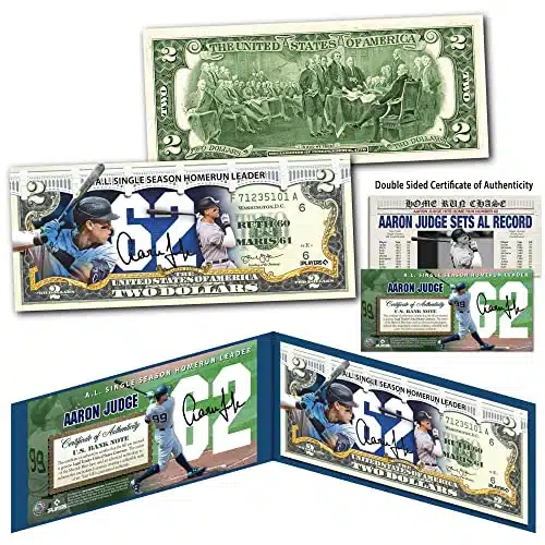 Aaron Judge Home Run Officially Licensed Uncirculated Two Dollar Bill Special Edition Collectible Display Holder and Certificate