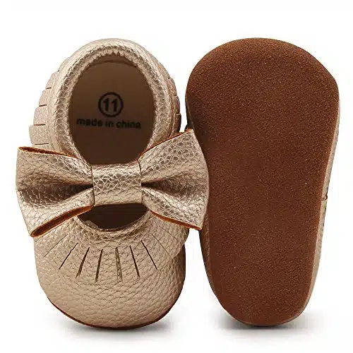 DELEBAO Infant Toddler Baby Soft Sole Tassel Bowknot Moccasinss Crib Shoes (onths, Gold)