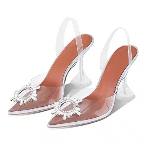 Goiphrri Clear Heels Sandals for Women Sling Back Crystal Rhinestones Pumps Pointed Toe High Heel Shoes Sunflower Clear pumps