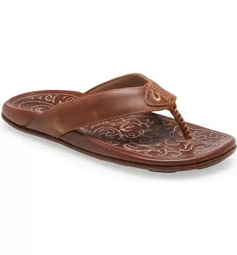 OLUKAI Mekila Men's Beach Sandals, Full Grain Leather Flip Flop Slides, Compression Molded Footbed & Comfort Fit, Enhanced Grip Soles, NaturalNatural,