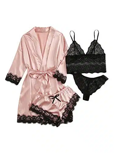 WDIRARA Women' Silk Satin Pajamas Set pcs Lingerie Floral Lace Cami Sleepwear with Robe Pink XL