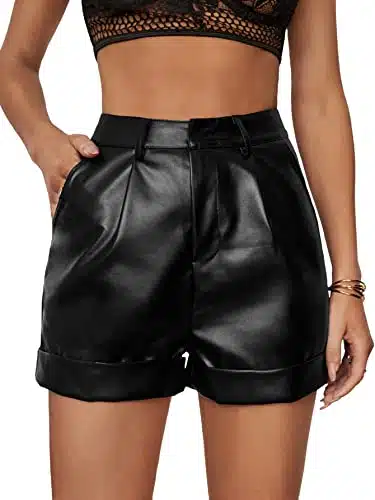 WDIRARA Women's High Waisted PU Leather Shorts Roll Hem Shorts with Pockets Black S