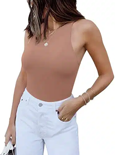 Womens Sexy Sleeveless High Neck Racer Back Halter Thong Bodysuits Leotard Tank Tops Sienna Large