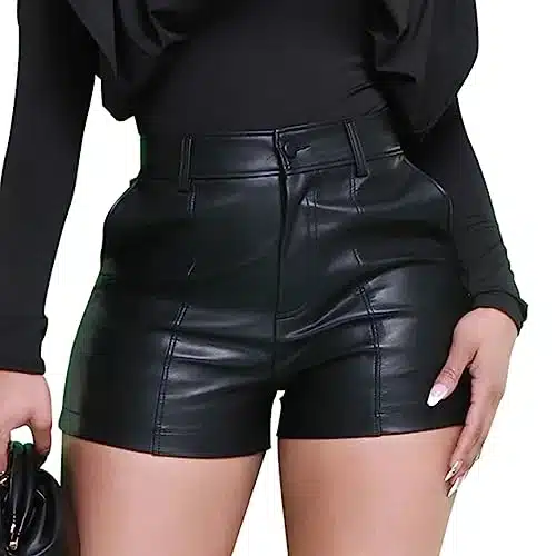 hibshaby Black Leather Shorts, Women's High Waisted Faux Leather Shorts Sexy Summer Shorts with Pockets Medium