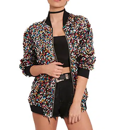 Cresay Women's Sequin Fitted Long Sleeve Zipper Blazer Bomber Jacket Rainbow XXL