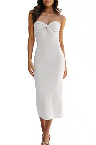 LILLUSORY Women's Summer Sexy Bodycon Midi Cute Bridal Shower Dresses Sleeveless Strapless Square Neck Dress with Slit White