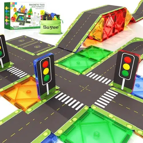 PCS Magnetic Tiles Road Toppers Set Kids Toys for Year Old Boys and Girls Playing with Car Toys Preschool Learning Activities Gift for Year Old Toddlers Kids