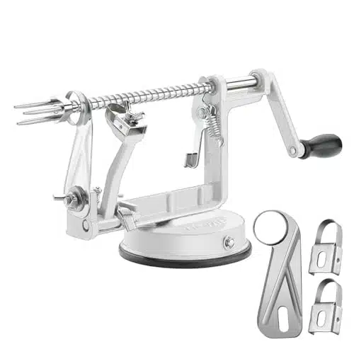 Apple Peeler Corer, Long lasting Chrome Cast Magnesium Alloy Apple Peeler Slicer Corer with Stainless Steel Blades and Powerful Suction Base for Apples and Potato(White)