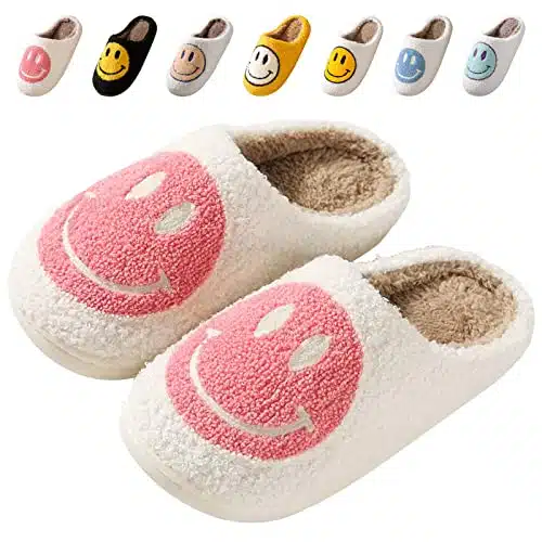 Beishani Smiley Face Slippers for Women Retro Soft Plush Warm Slip on Slippers, Happy face slippers Cozy Indoor Outdoor Slippers