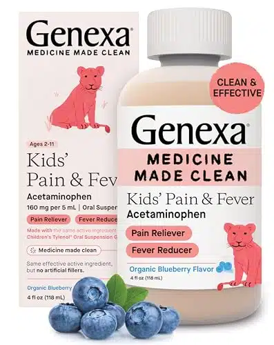 Genexa Children's Acetaminophen Pain and Fever Reducer  mg per mL  Made with Delicious Organic Blueberry Flavor  Fluid Ounces