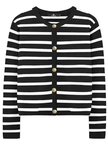 LILLUSORY Women's Striped Cardigan Sweaters Cropped Trendy Open Long Sleeve Button Cashmere Knit Tweed Jackets Black White