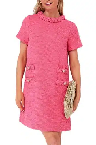 Ladyful Womens Tweed Jackie Dress Short Sleeve Elegant Crew Neck Business Party Vintage Button Bodycon Mini Jackie Dress Rose