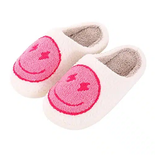 Qubuwalk Retro Lightning Bolt Smile Face Slippers Soft Plush Comfy Warm Fuzzy Slippers Women's Cozy House Slippers