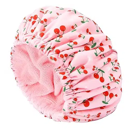 Shower Cap for Women Terry Lined Bath Cap Large Reusable Waterproof Elastic Band Pink Shower Caps for Long Thick Hair Soft Bath Shower Hair Caps