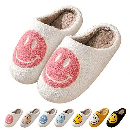 Smiley Face Retro Soft Plush Warm Slip on Indoor Outdoor Slippers, Cozy Slippers for Women