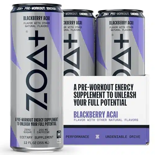 ZOA+ Pre Workout Energy Drink Supplement   NSF Certified for Sport with Zero Sugar, Nitric Oxide Support, B & D Vitamins, Amino Acids, and Electrolytes (BlackBerry Acai)