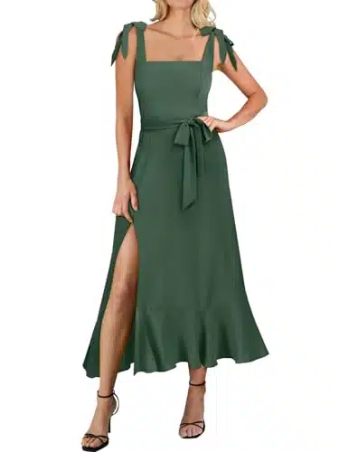 ANRABESS Women's Elegant Square Neck Ruffle Split Bridesmaid Dresses Trendy Midi Formal Shoulder Tie Wedding Guest Dress Summer Party Cocktail Vacation Dress shenlv XL Green