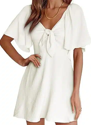 Dokotoo Summer Dresses for Women Casual Wedding Guest Spring Sexy V Neck Drawstring Cap Sleeve Elegant Short Beach Dresses Mini Dress White