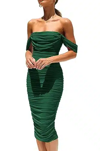 PRETTYGARDEN Women's Summer Off The Shoulder Ruched Bodycon Dresses Sleeveless Fitted Party Club Midi Dress (Dark Green,Large)